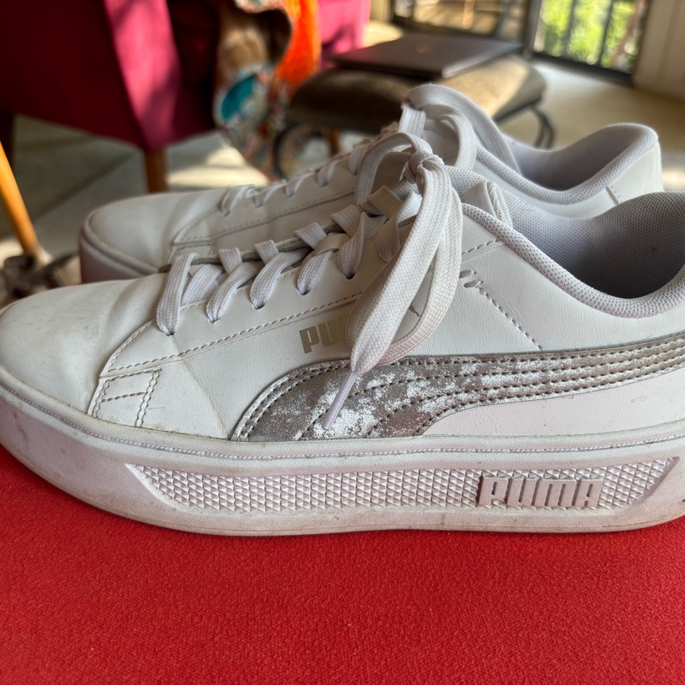 Puma White Platform Sneakers with Silver Velvet Puma Stripe Detail
